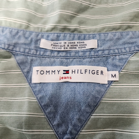 Vintage Tommy Hilfiger Green White Striped Button-Down Shirt Size Medium - Picture 2 of 9